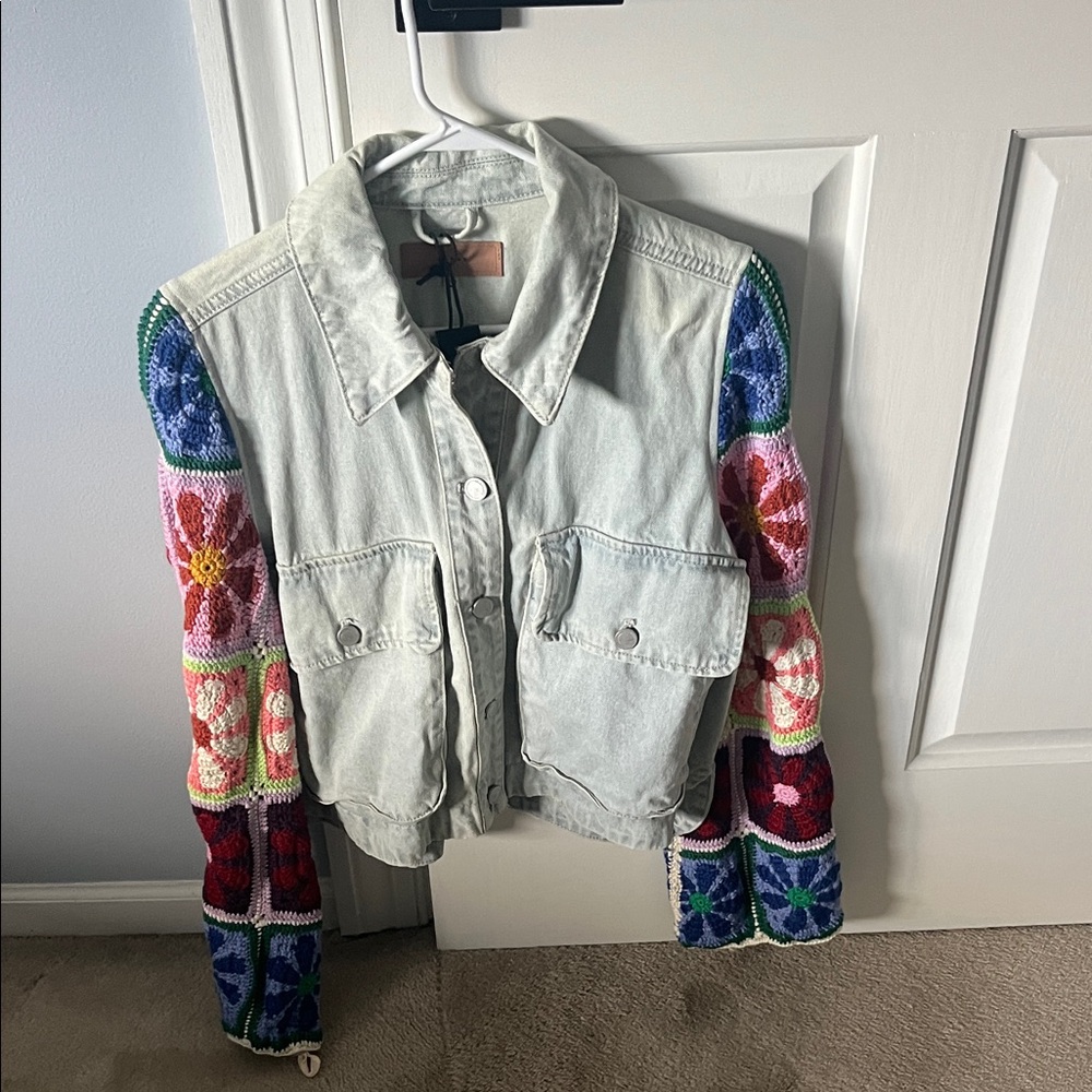 Blank NYC Denim Jacket with Colorful Crochet Sleeves